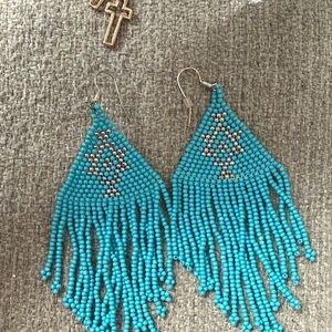 Turquoise Beaded Fringe Earrings